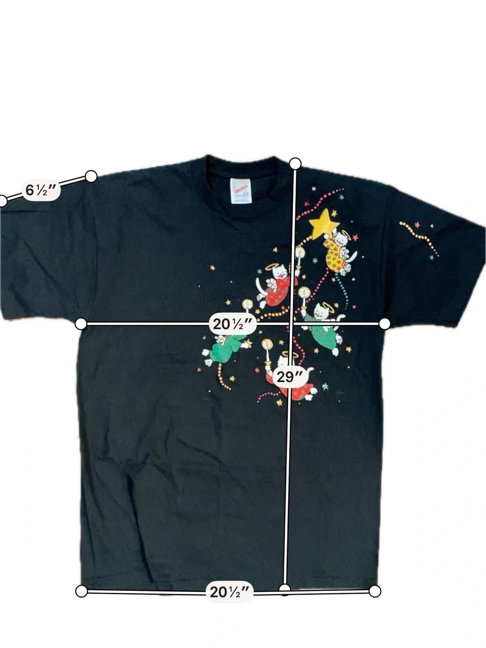 Vintage 90s Jerzees Cat Angel Christmas T Shirt L Black Holiday Graphic USA